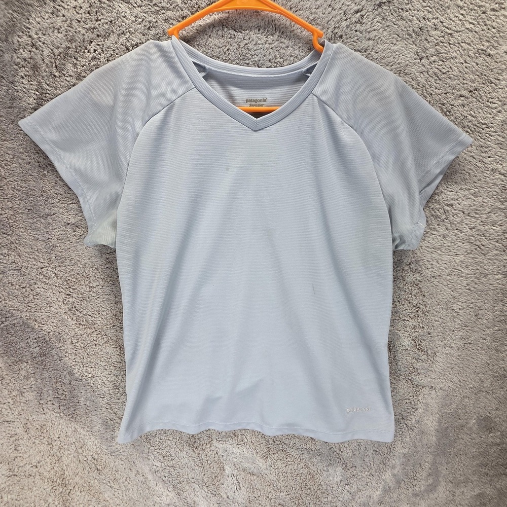 Patagonia Capilene Shirt Womens XL Gray Short Sleeve V Neck Athletic Hiking